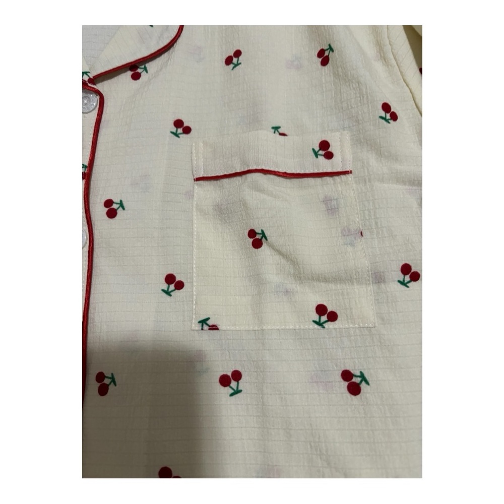 Pajama Set with Red Cherry Pattern and Red Piping W Size XL Cream/Red/Green - Picture 9 of 12